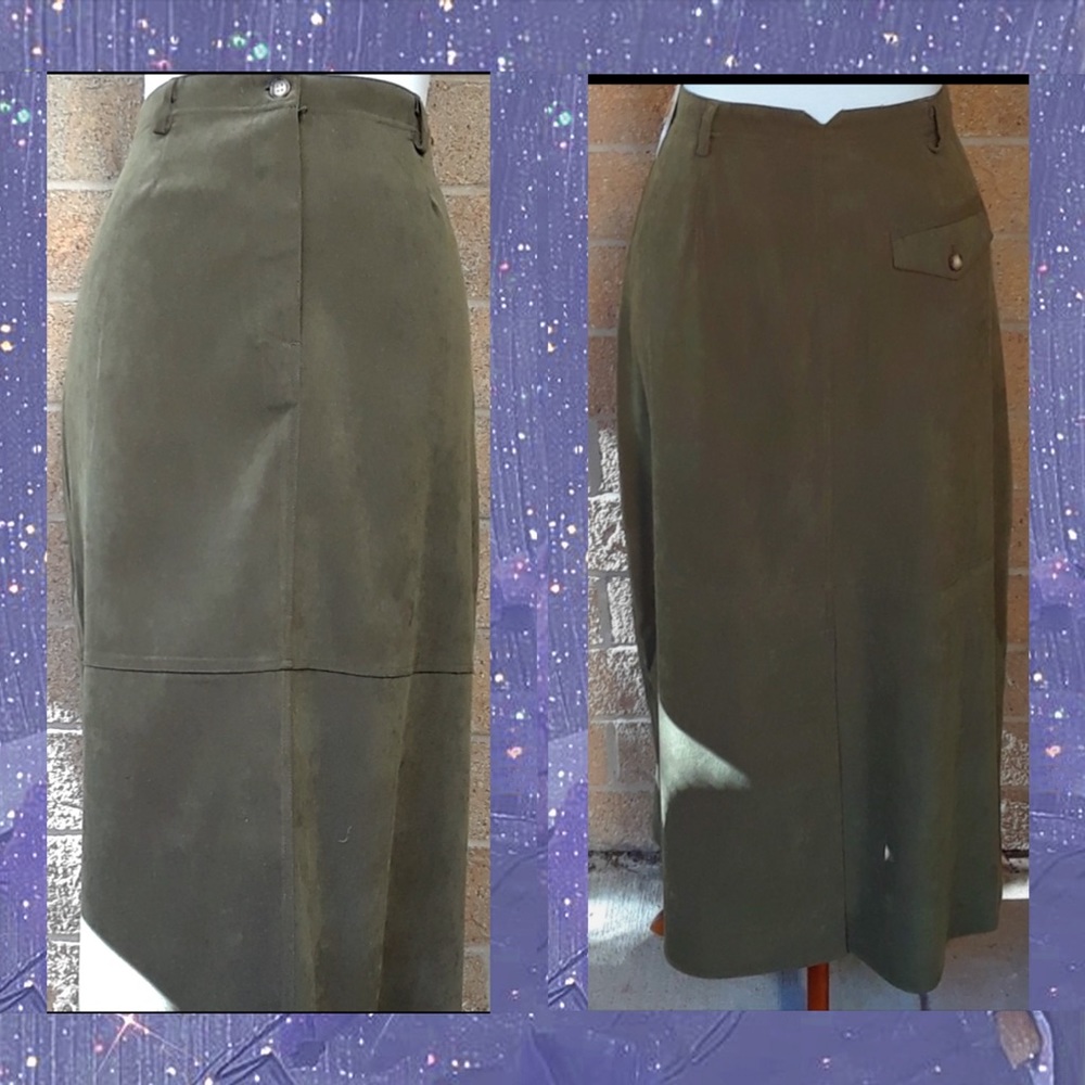 💙NWT VINTAGE 90s suede look olive green straight skirt 12 petite